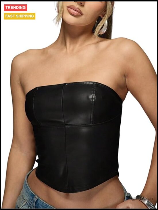 Tops - Leather Backless Tube Top Strapless Crop Corset Going Out Tops
